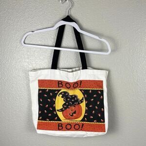 Small Halloween Canvas Tote Bag BOO! Pumpkin Witch Hat Candy Corn Orange Black